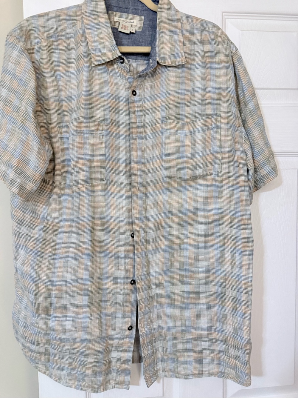 Short-Sleeve Plaid Button-Up Shirt — Light Blue & Beige